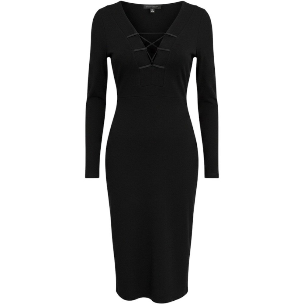 Banana Republic Womens XS Black Lace Up V-Neck Long Sleeve Midi Dress RN54023